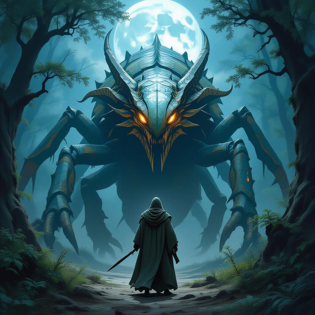 Druid Confronts Insectoid Dragon in Moonlit Forest