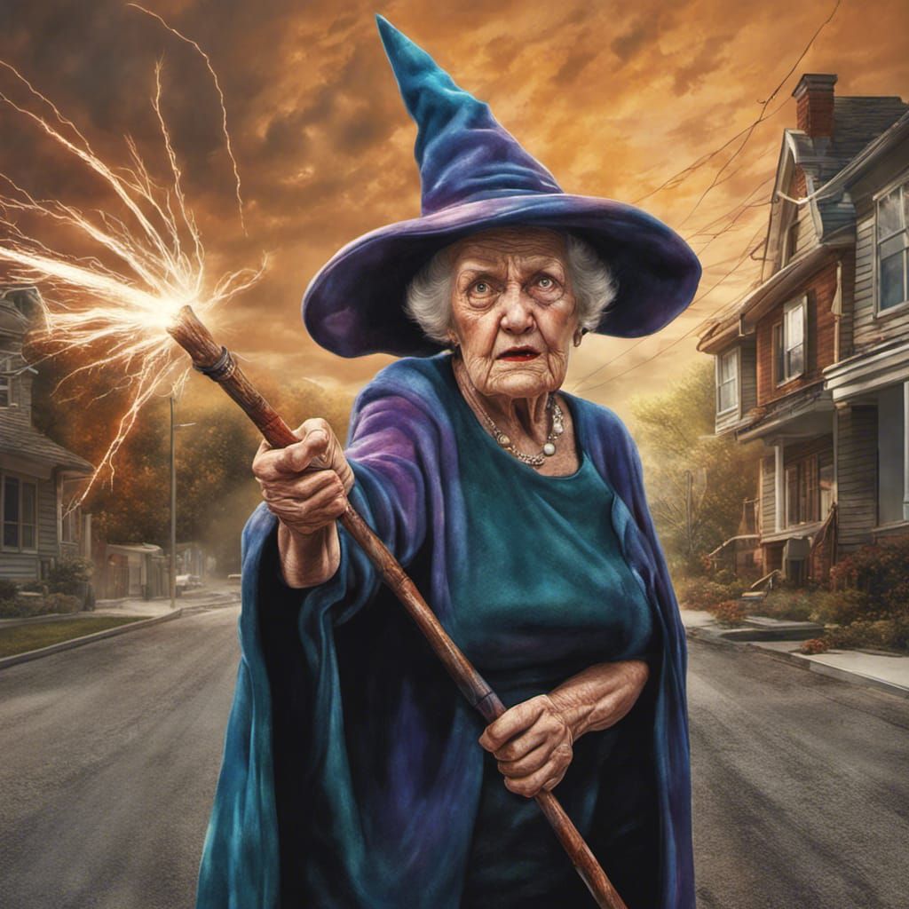 Electric Broomstick Octogenarian in Rockwell Style