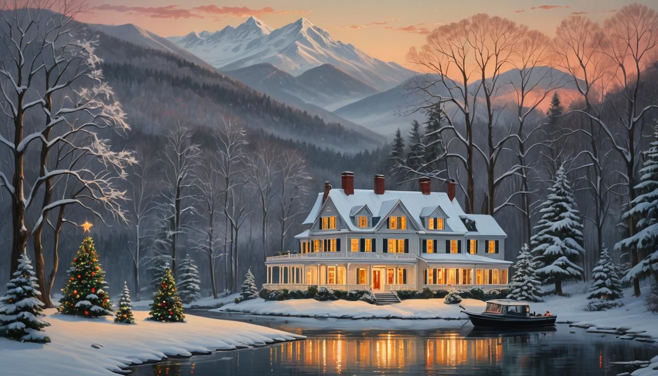 Christmas Colonial House on Lake at Dusk
