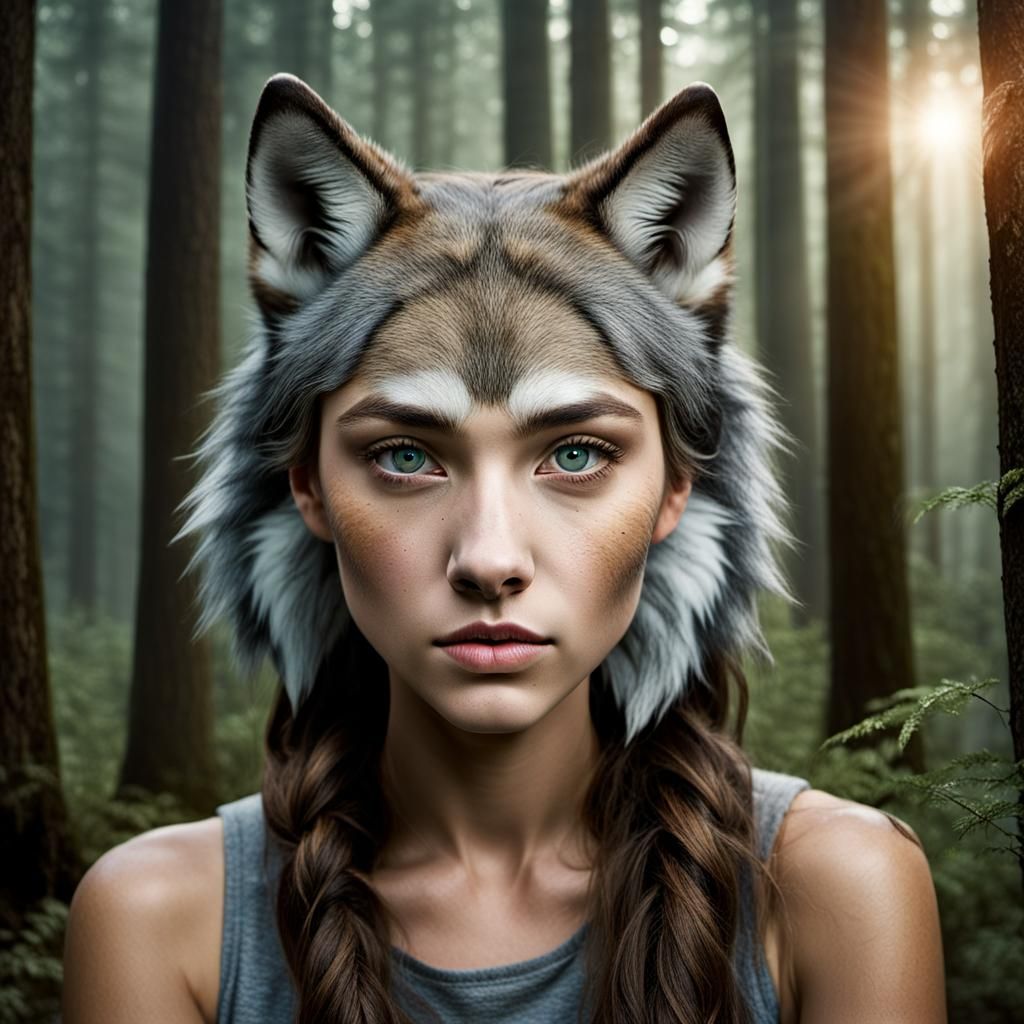 Teenage Wolf-Girl Hybrid Portrait in Professional Style