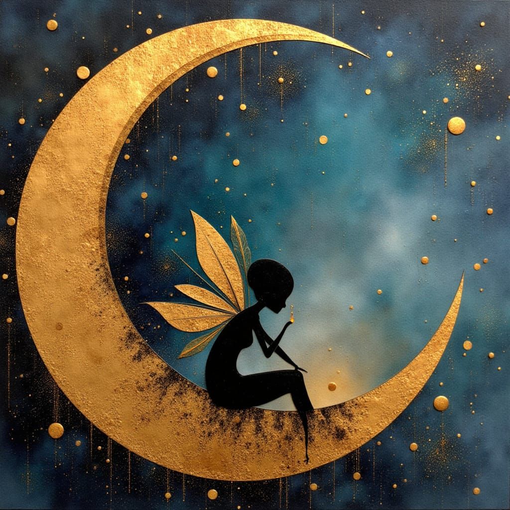 Pixie on Crescent Moon in Vibrant Alcohol Ink Style