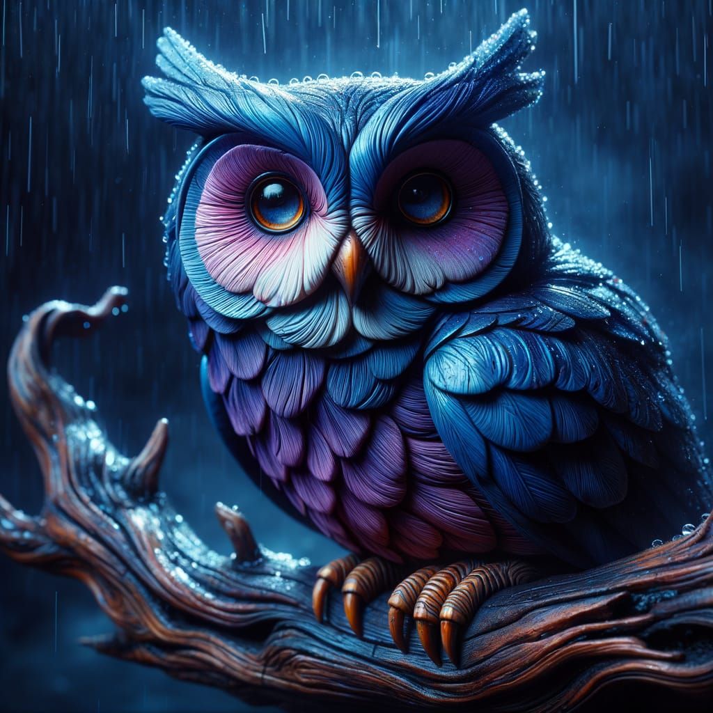Enchanted Blue-Violet Owl in Rainy Night Scene
