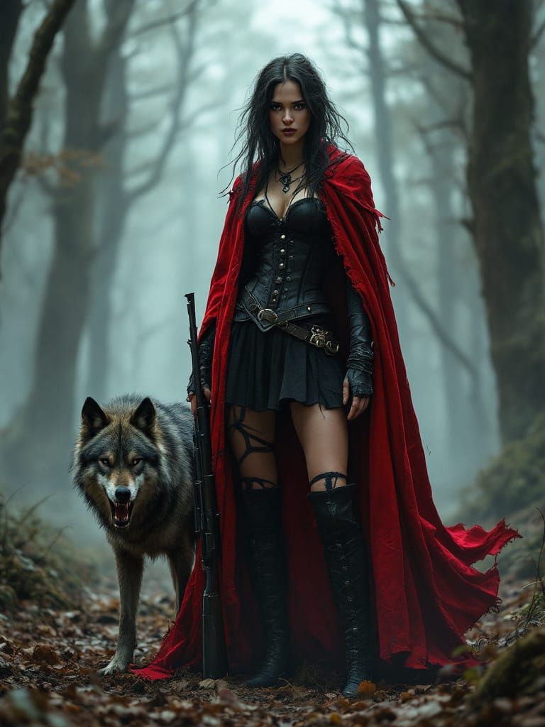 Scarlet Cloak Warrior with Wolf in Misty Forest