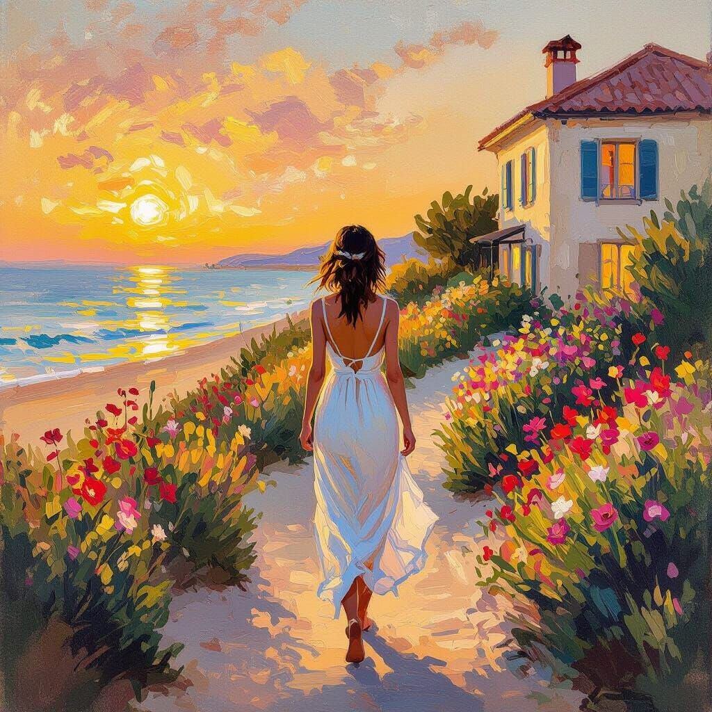 Woman Walks to Beach House in Impressionist Style