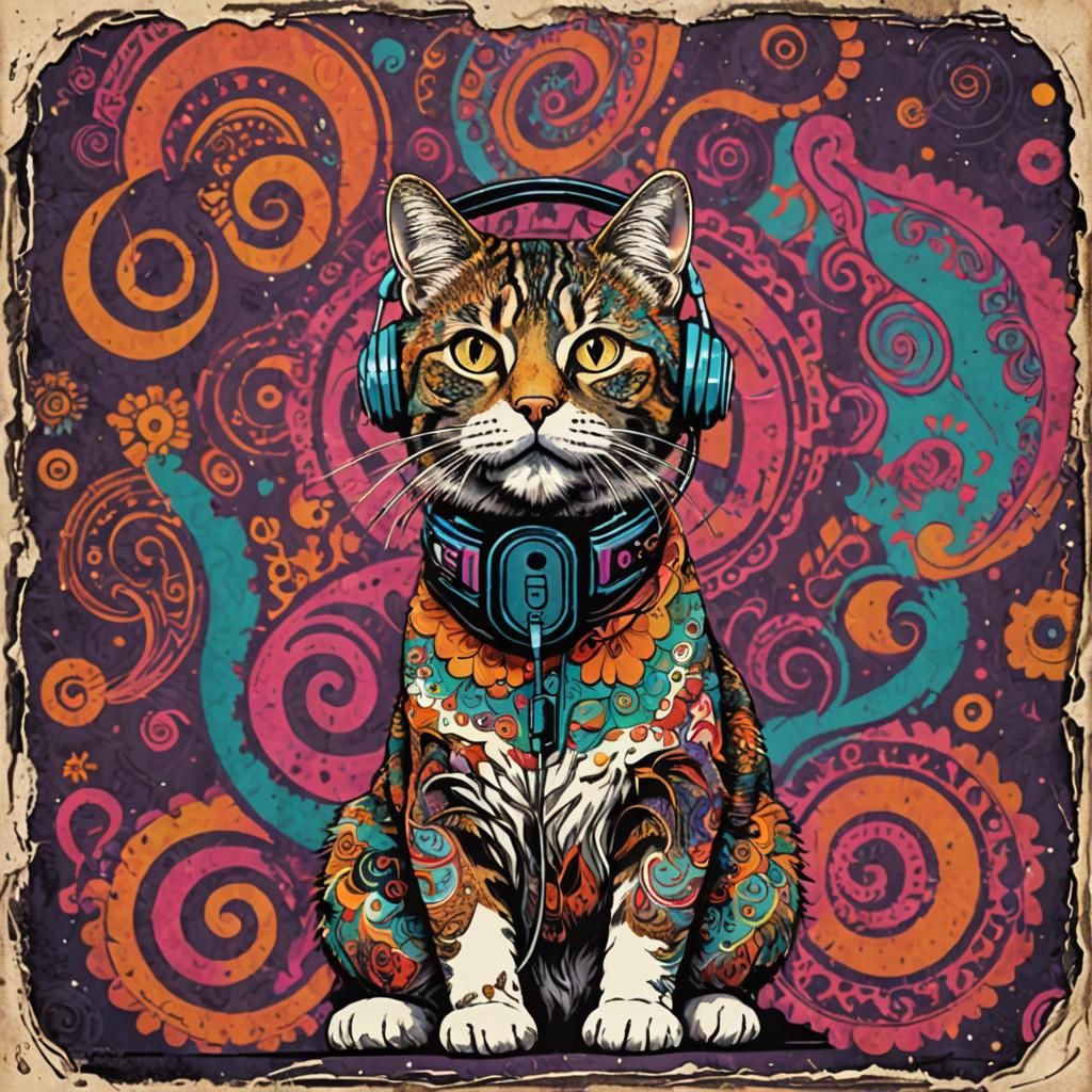 Psychedelic Cat in Retro Paisley Rock Art