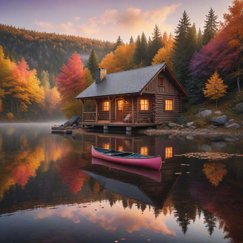 Cozy Autumn Lake Cabin Scene in Hyper-Realistic Detail