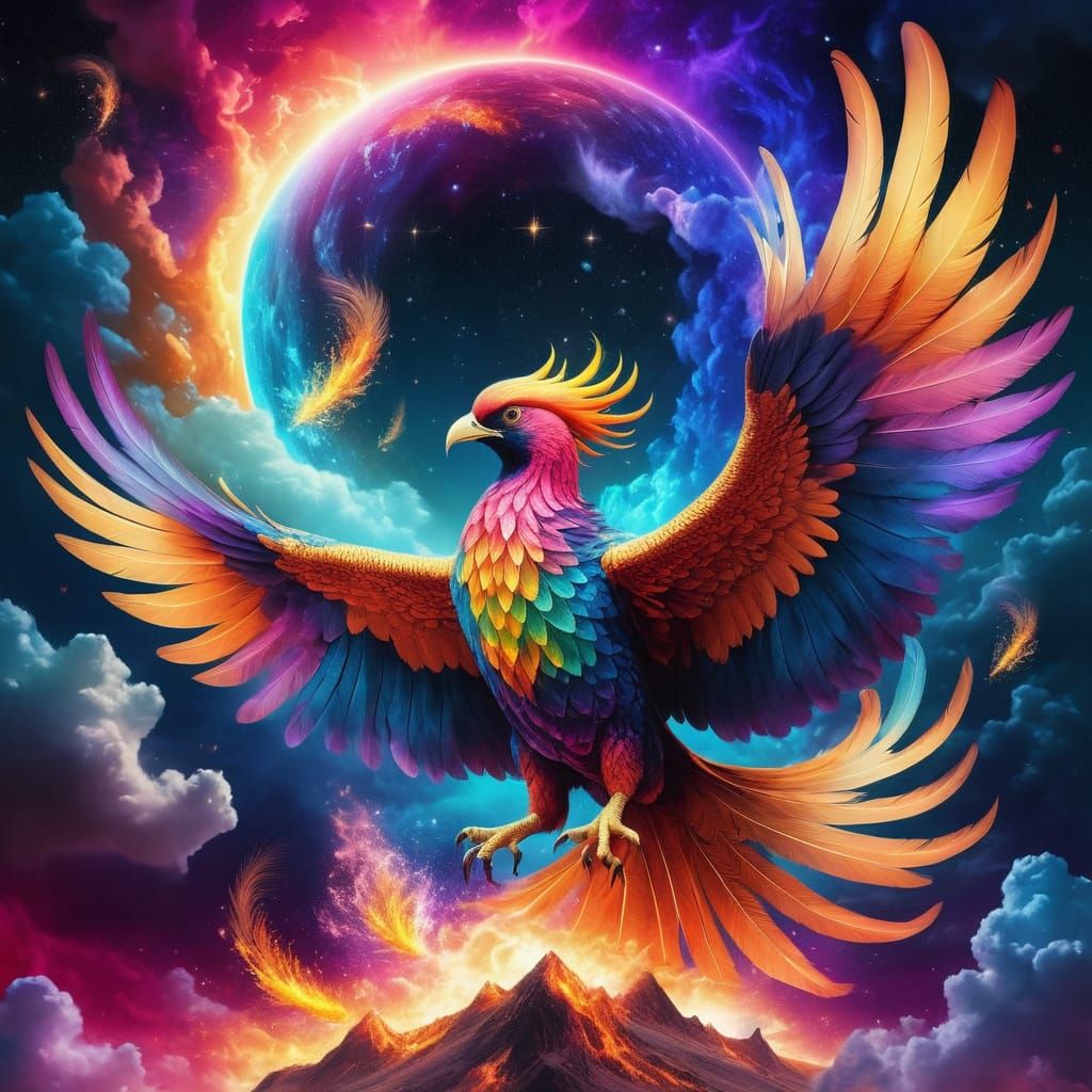 Surreal Cosmic Phoenix Rises in Vibrant Colors