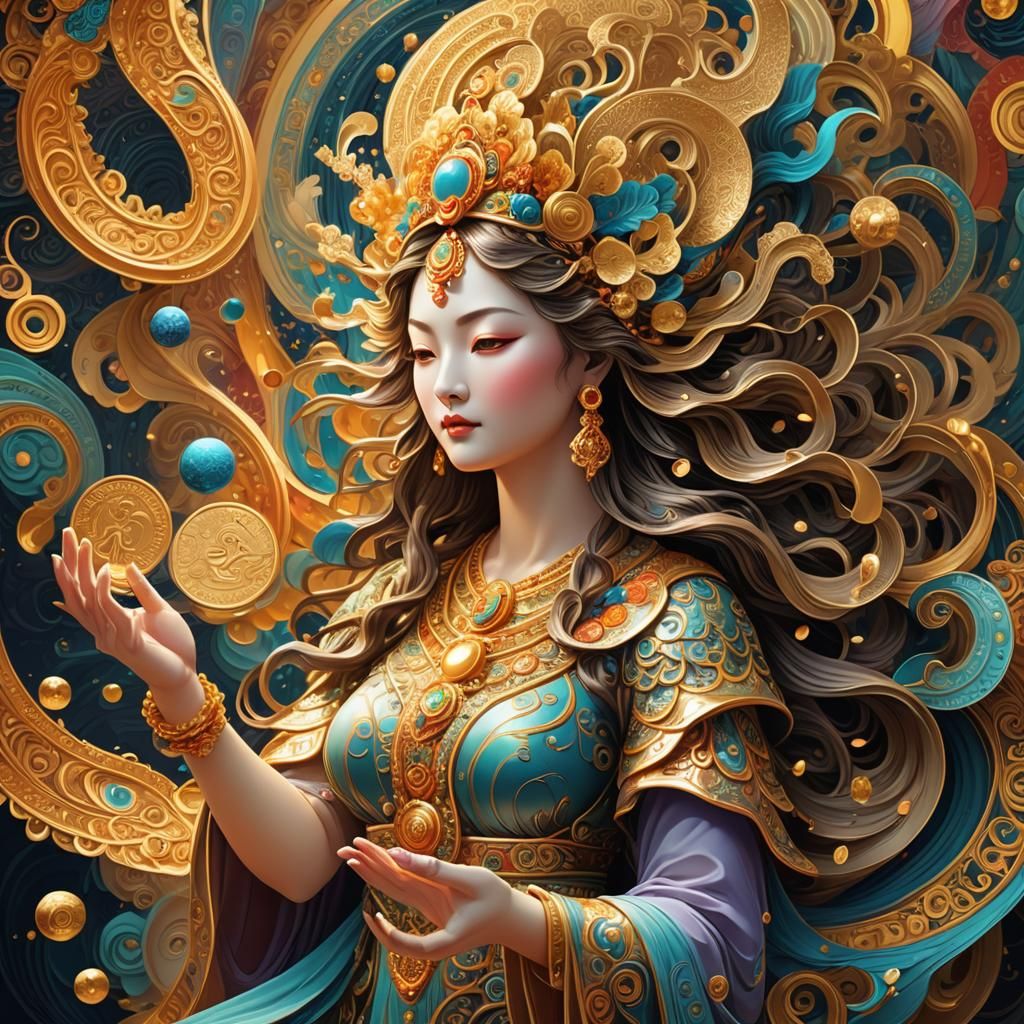 Goddess of Luck Tossing Coin in Hyperrealistic Style