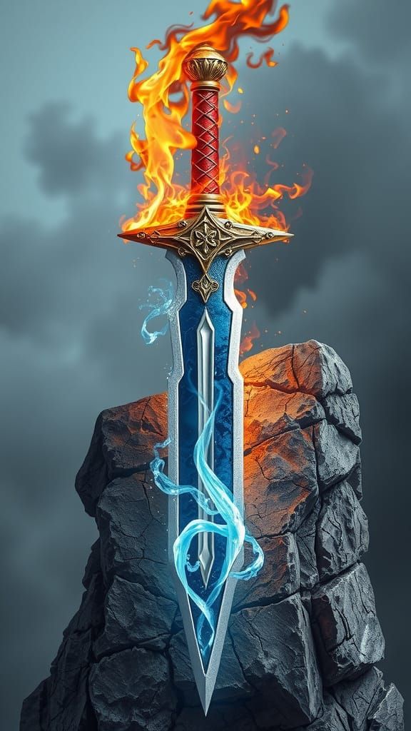Epic Elemental Sword of Fire and Ice in Majestic Fantasy Sty...