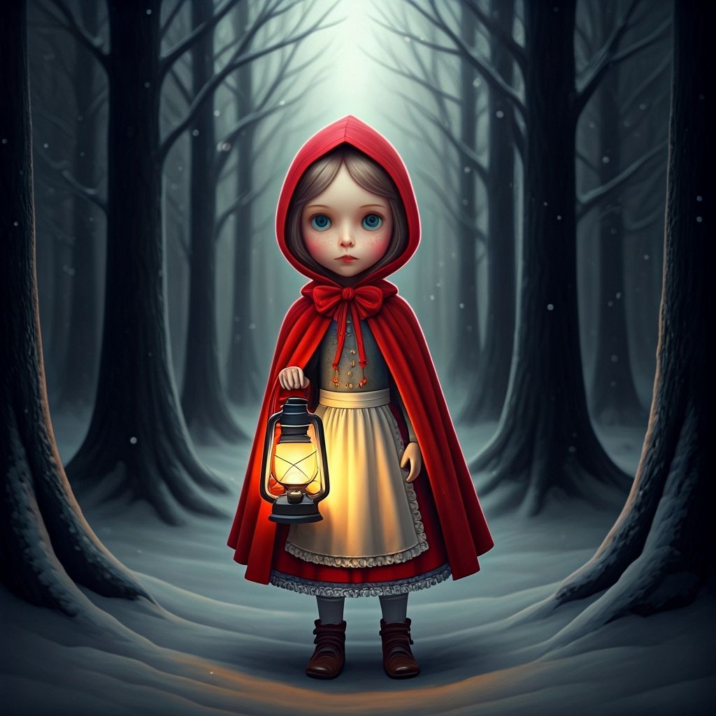 Porcelain Doll of Little Red Riding Hood in Snowy Forest