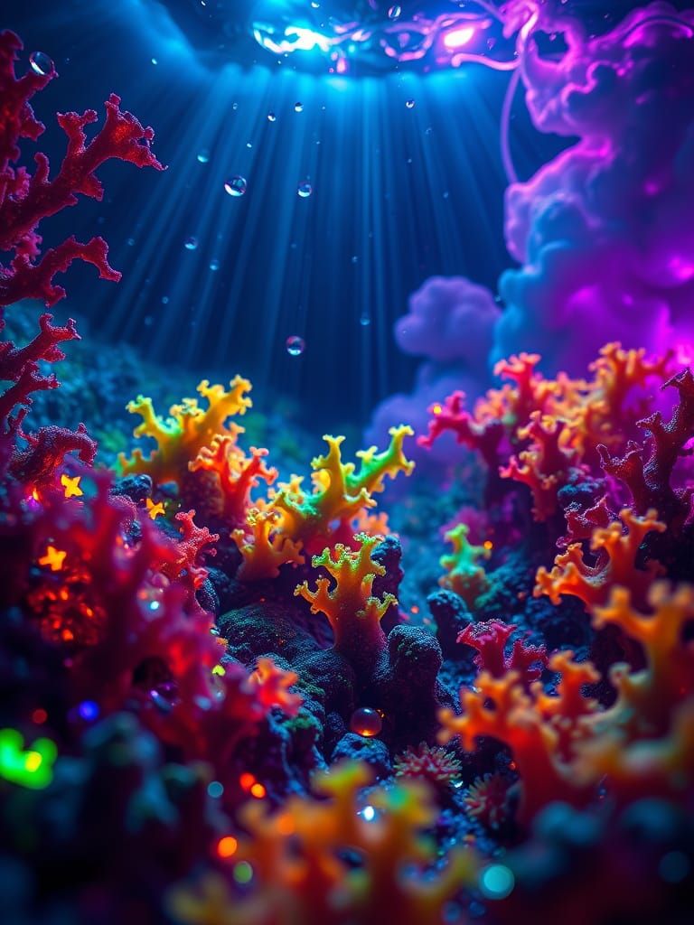 Bioluminescent Deep Sea Kelp Forest in Alcohol-Ink Style