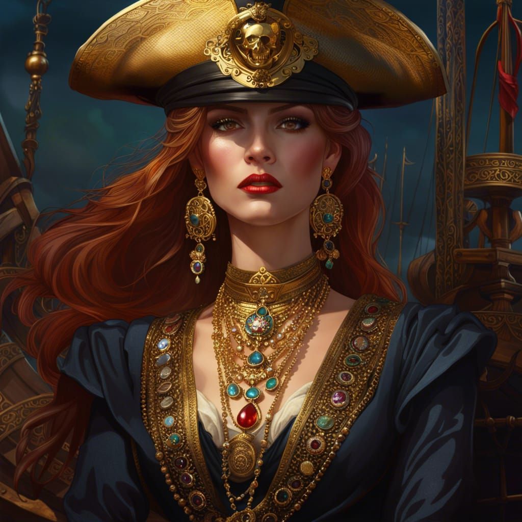 Pirate Queen Portrait in Digital Watercolor Illustration