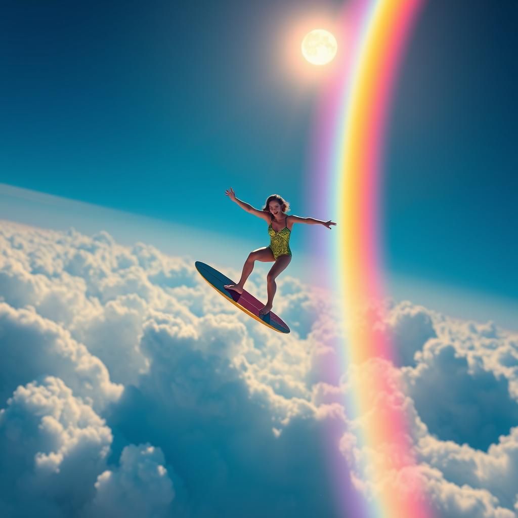 Rainbow Surfer Above the Clouds in Fantasy Art Style