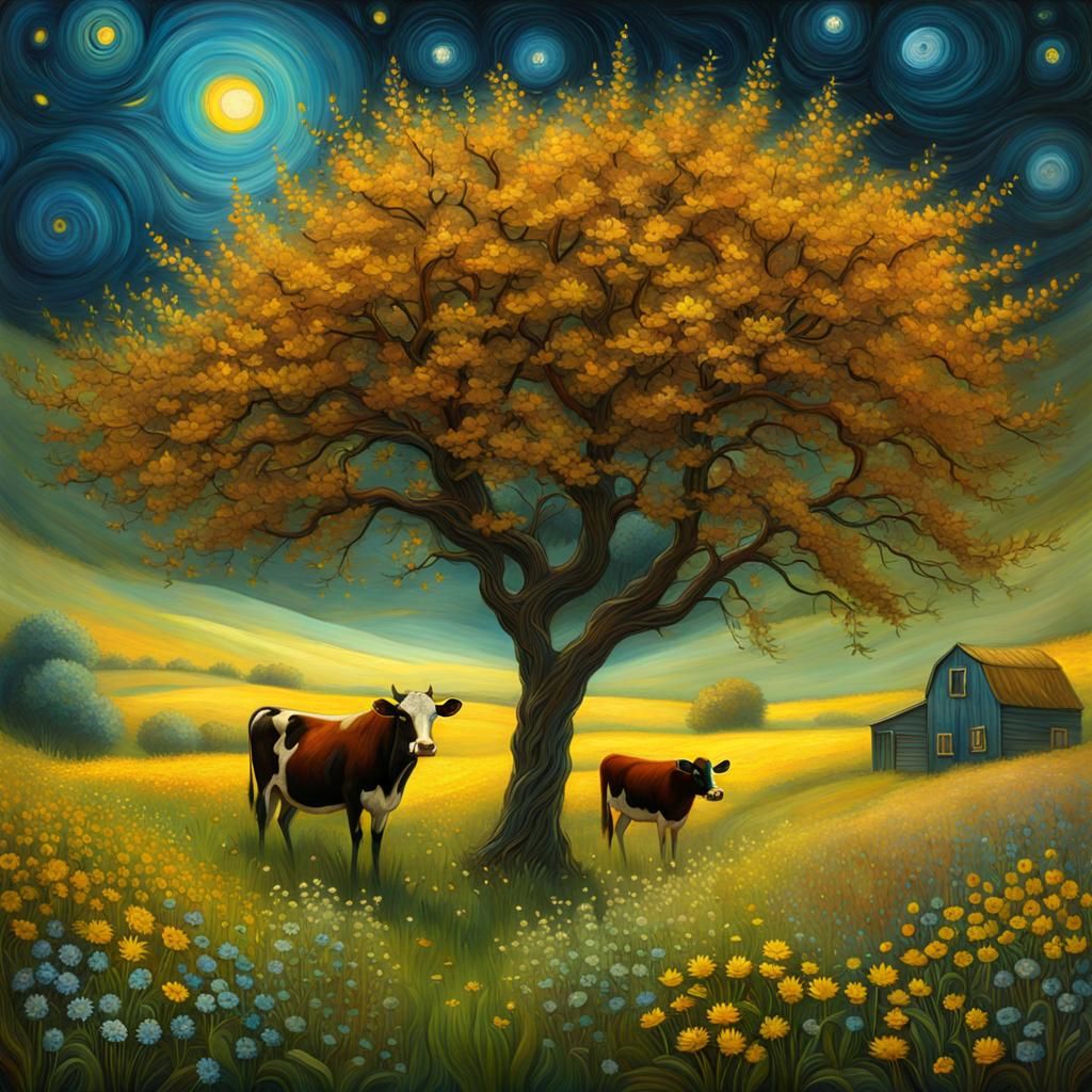 Cow in Wildflower Meadow as Impasto Painting