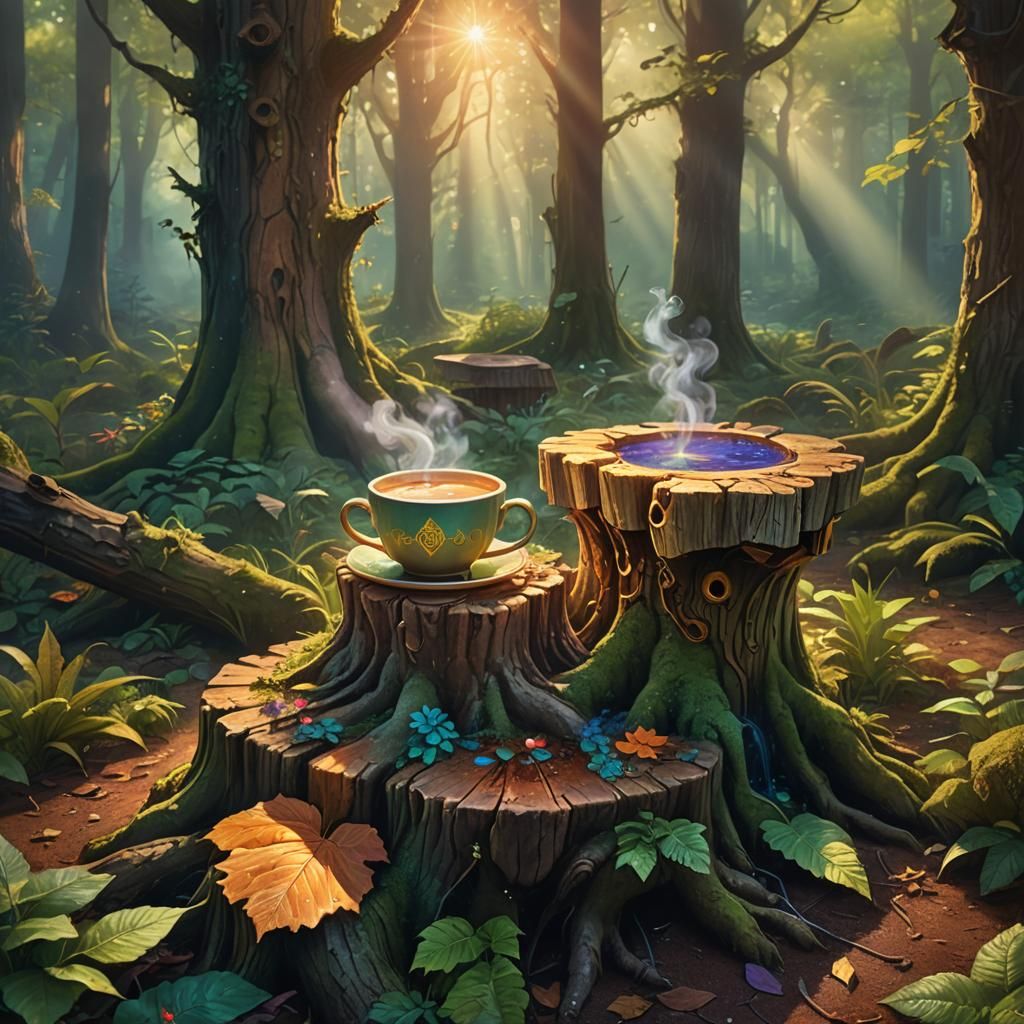 Mystical Coffee in Enchanted Forest, Art Nouveau Style