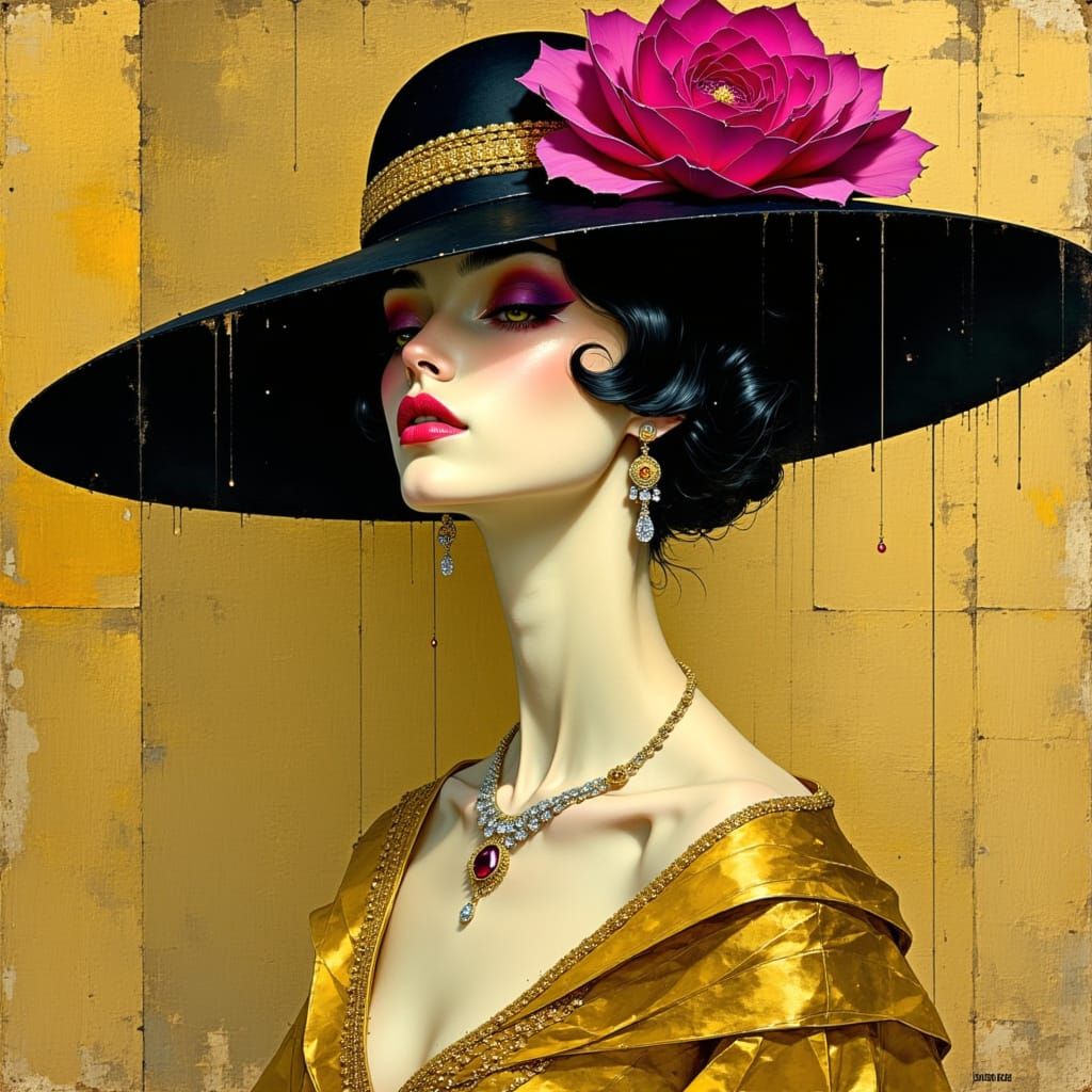 Elegant Flapper Woman in Art Deco Gold Lamé Gown with Rose-A...