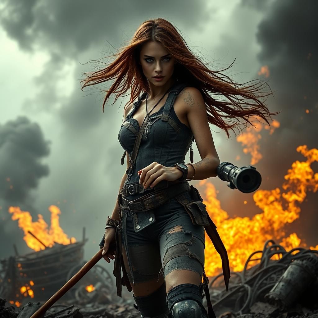 Heroic Woman Battling Apocalypse in Gritty, Cinematic Style