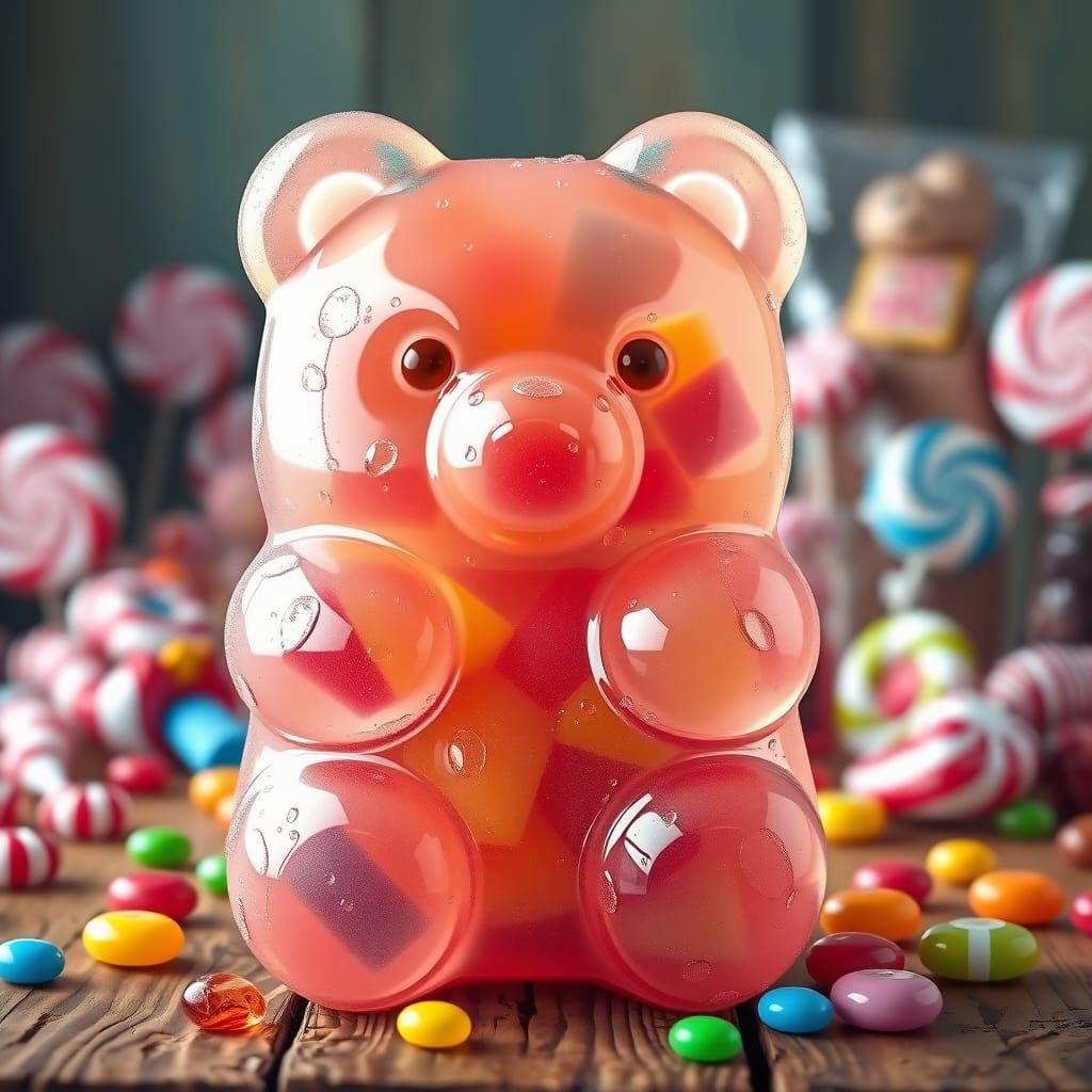 Gigantic Gummy Bear Sits Amidst Whimsical Candy Wonderland