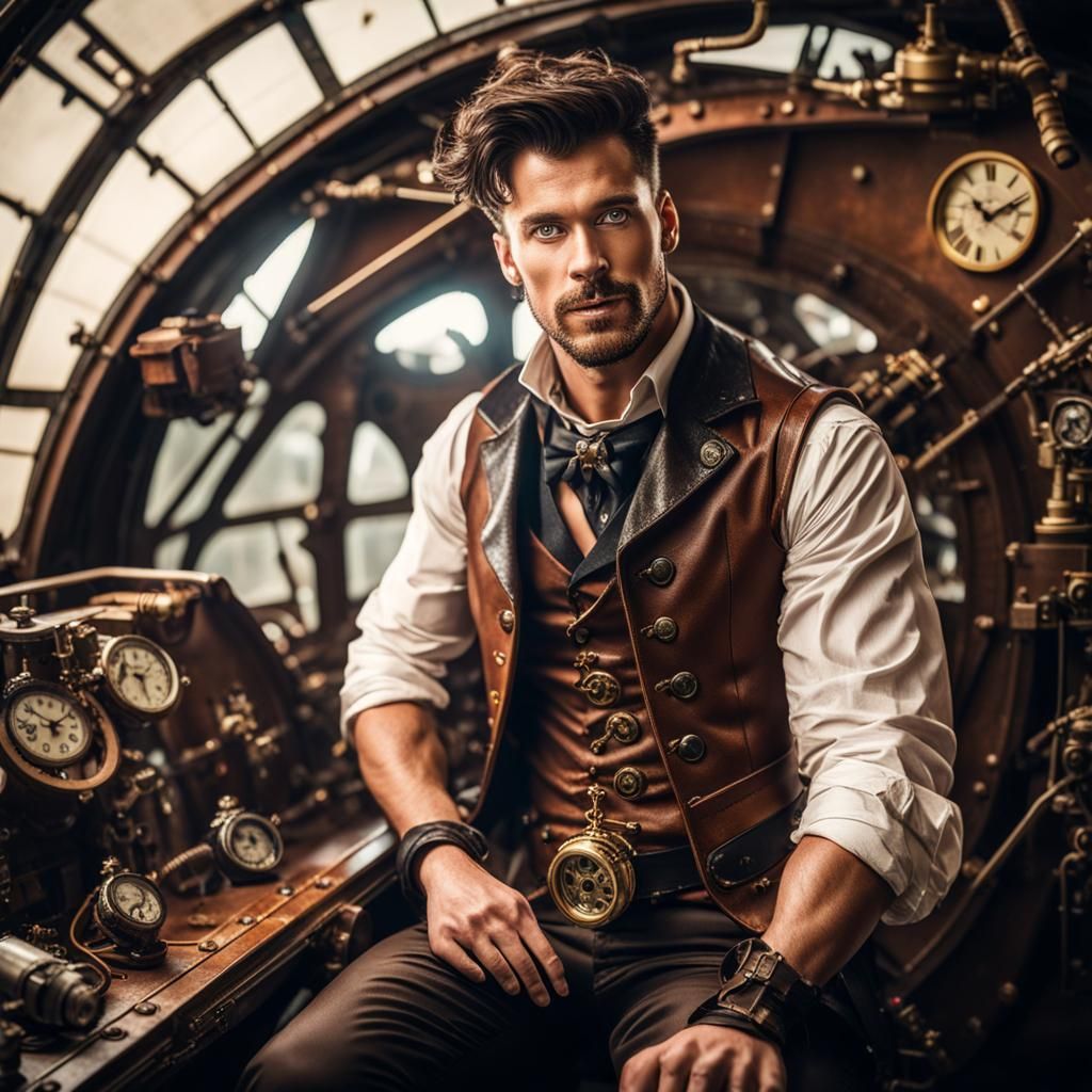 Steampunk Pilot in Zeppelin with Intricate Clockwork