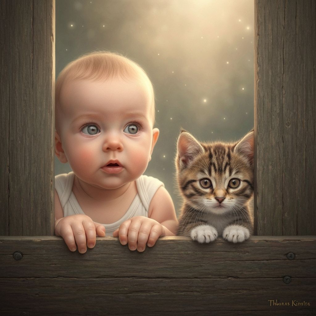 Baby and Kitten Peek Through Fence, Ethereal Style