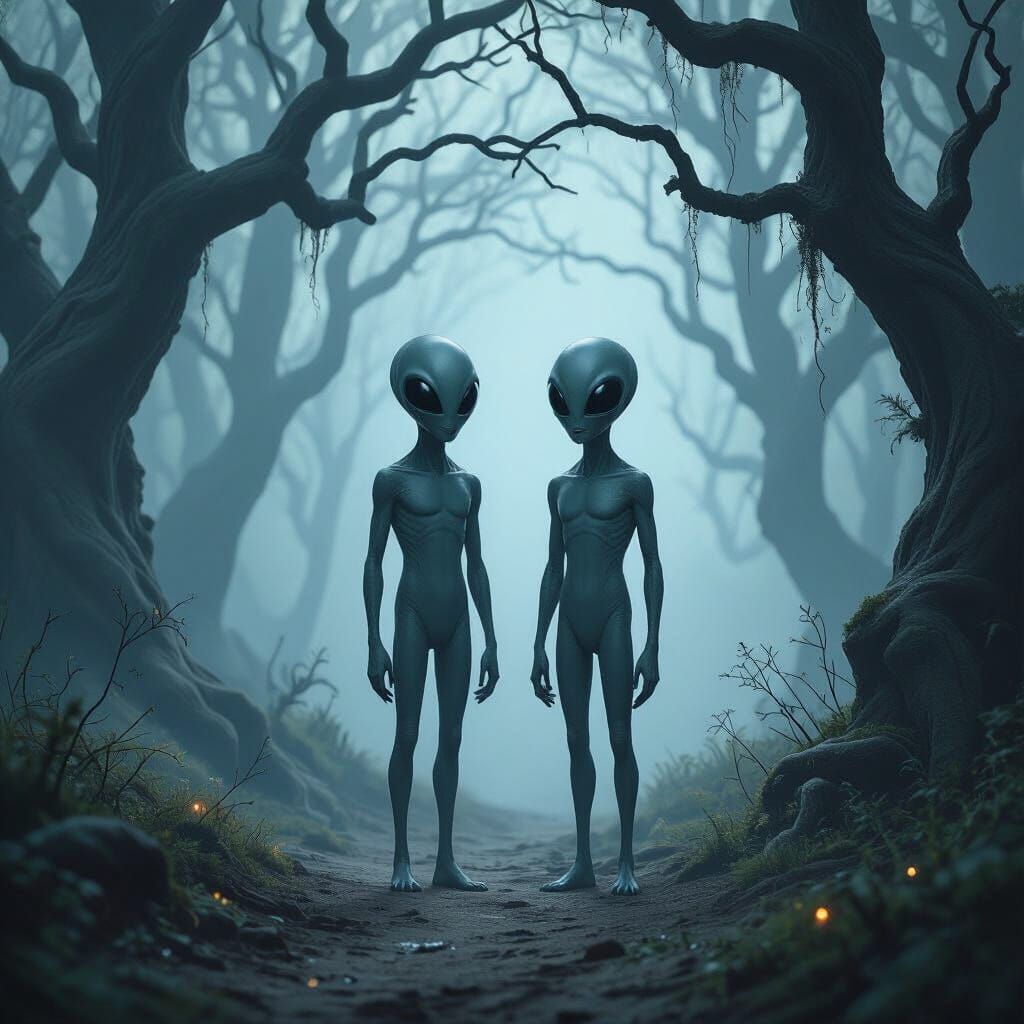 Two Grey Aliens in a Misty Forest Path