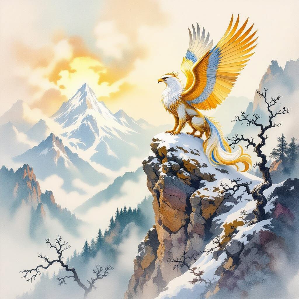 Griffin Perched on Mountain Peak in Watercolor Style