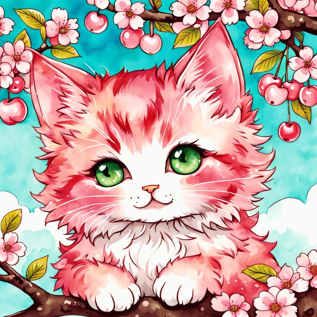 Vibrant Cherry Blossom Chibi Kitten in Golden Age Style