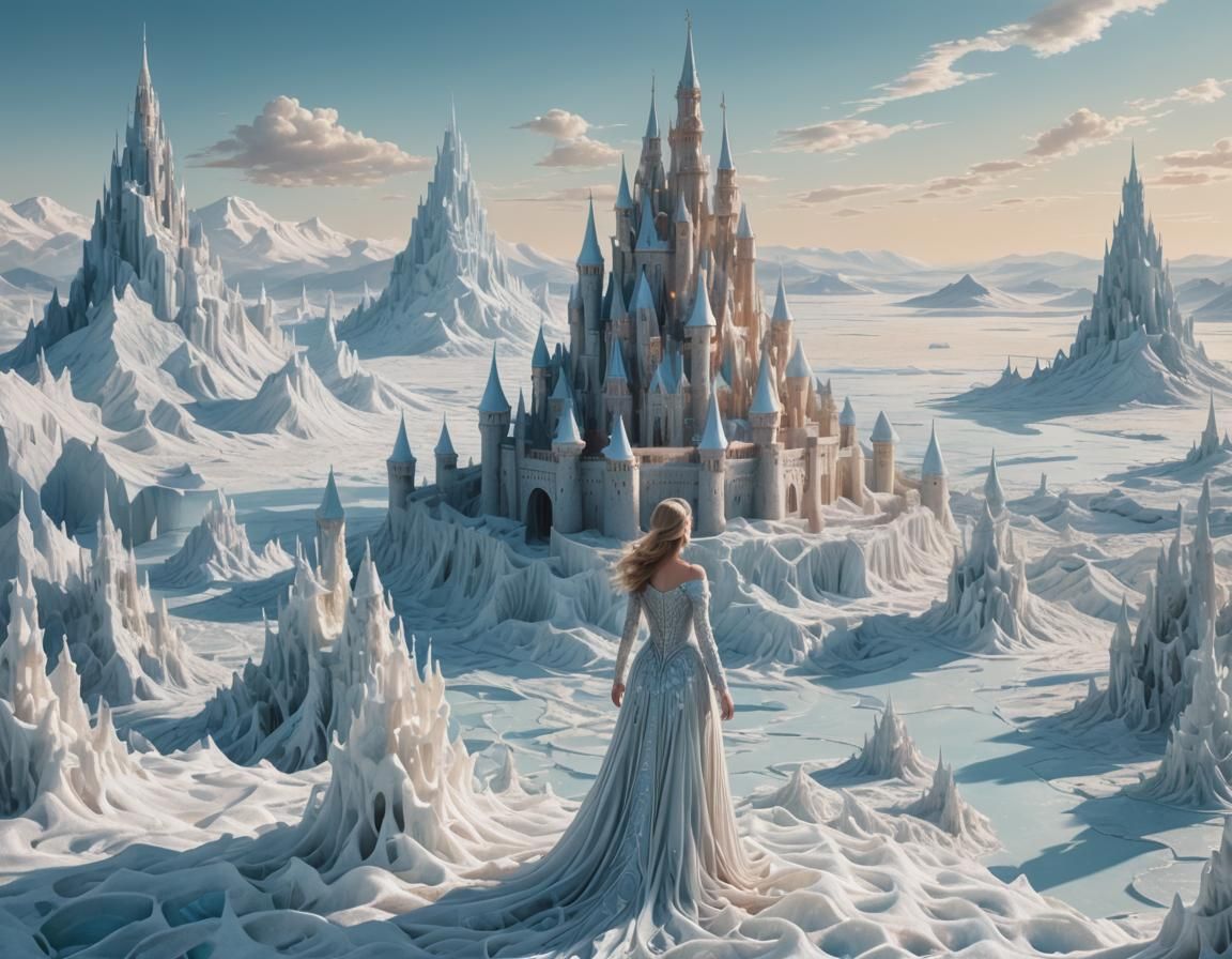 Surreal Woman in Landscape of Angel Hair and Ice Cream Castl...