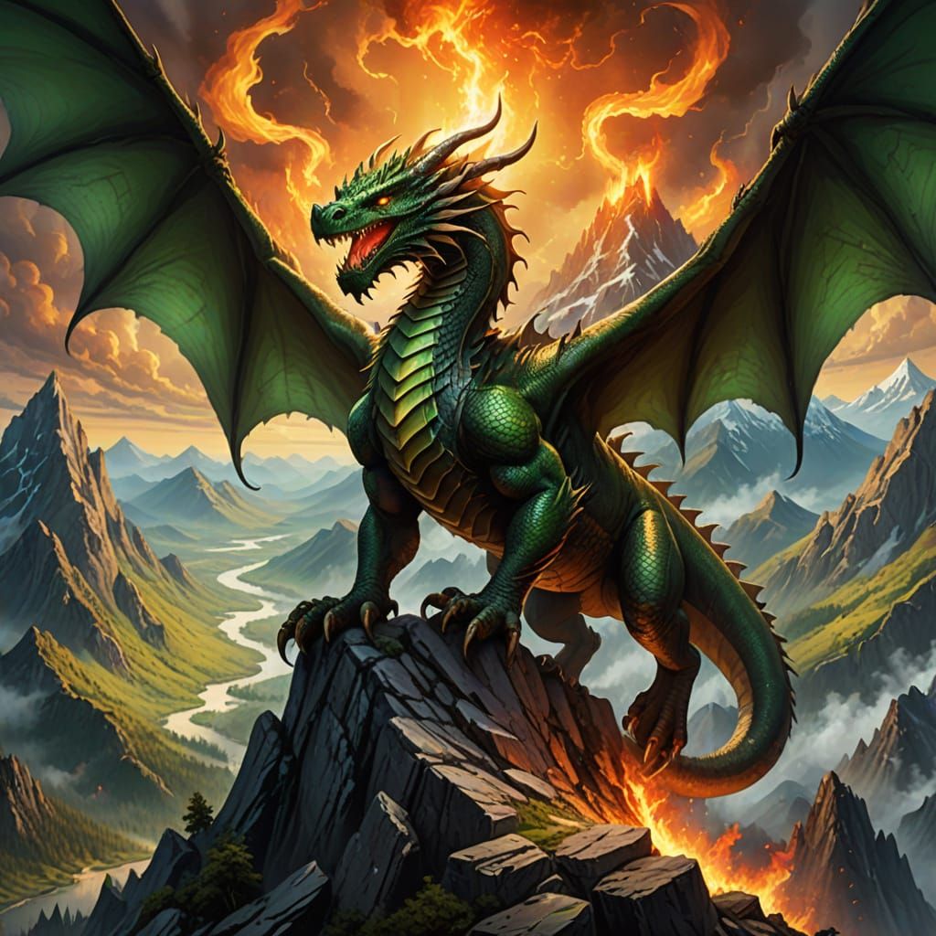 Epic Dragon Sits atop a Mountain Peak in Vibrant Digital Art