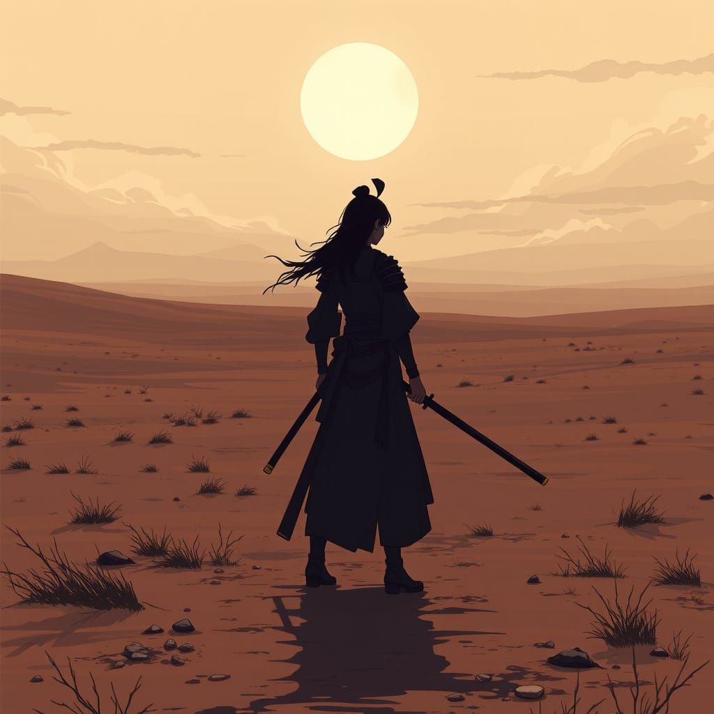 Anime Samurai Warrior on Windswept Plain