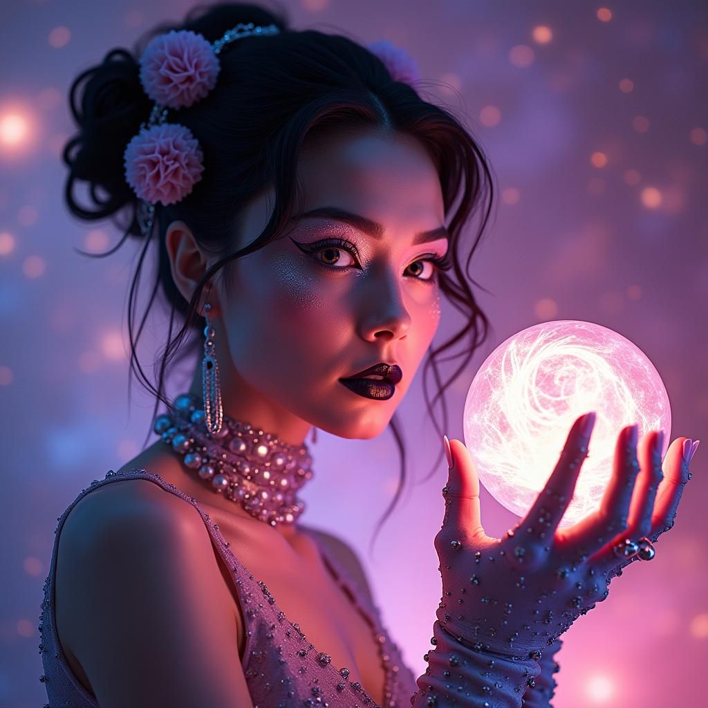 Retrofuturistic Woman with Cosmic Energy Ball