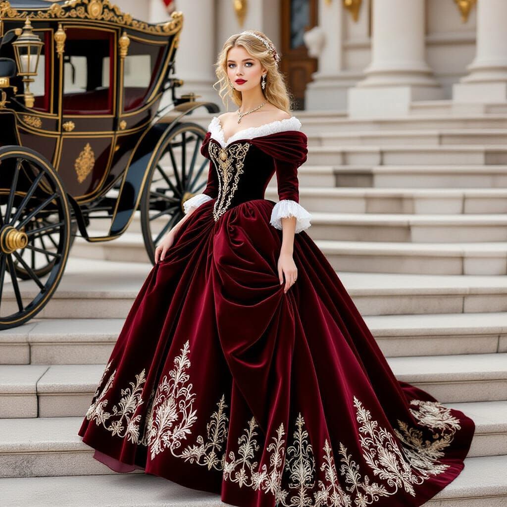 Elegant Woman in Red Gown, Art Nouveau Style