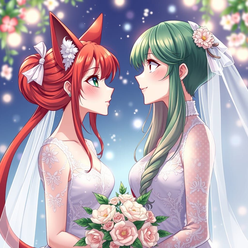Two Women Getting Married in Anime Style