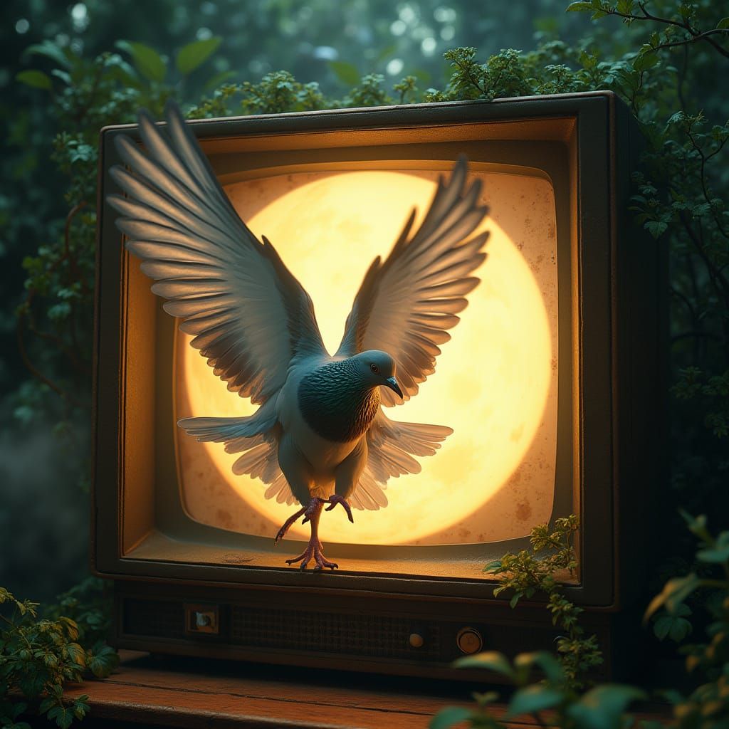 Majestic Pigeon Soars Through Futuristic Landscape with Glow...