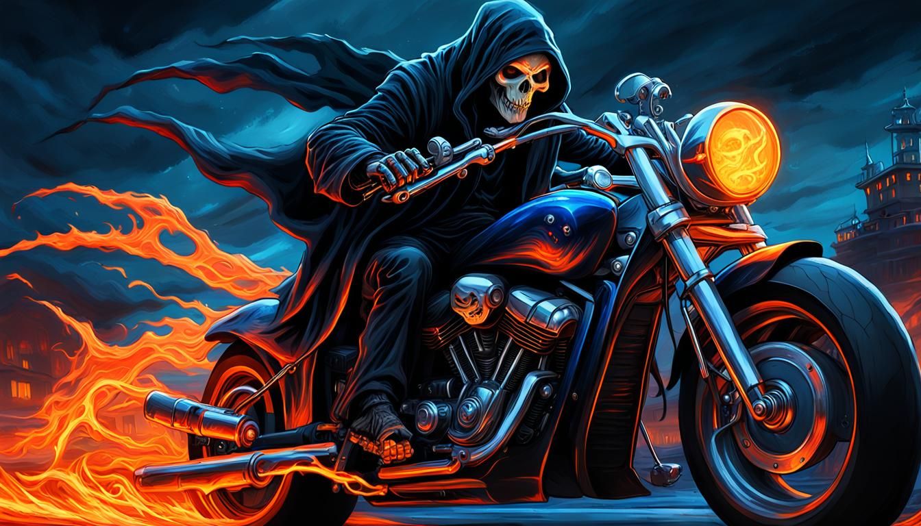 Grim Reaper Rides Motorcycle to Hell: Surreal Art