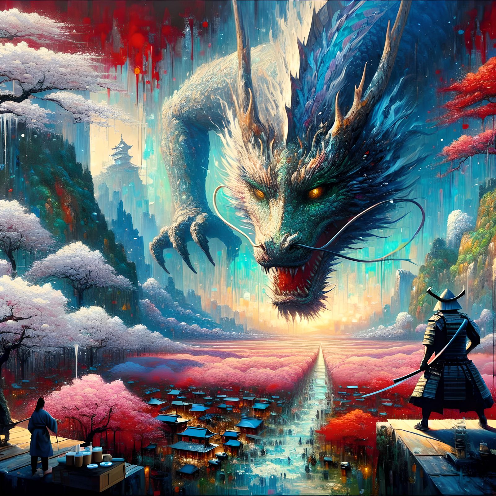 Dragon and Samurai Above Cherry Blossom Forest