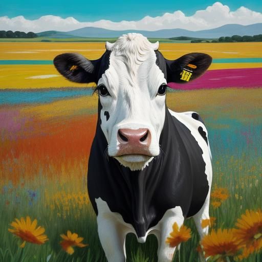 Cow in Wildflowers: Abstract Expressionist Animal Portrait