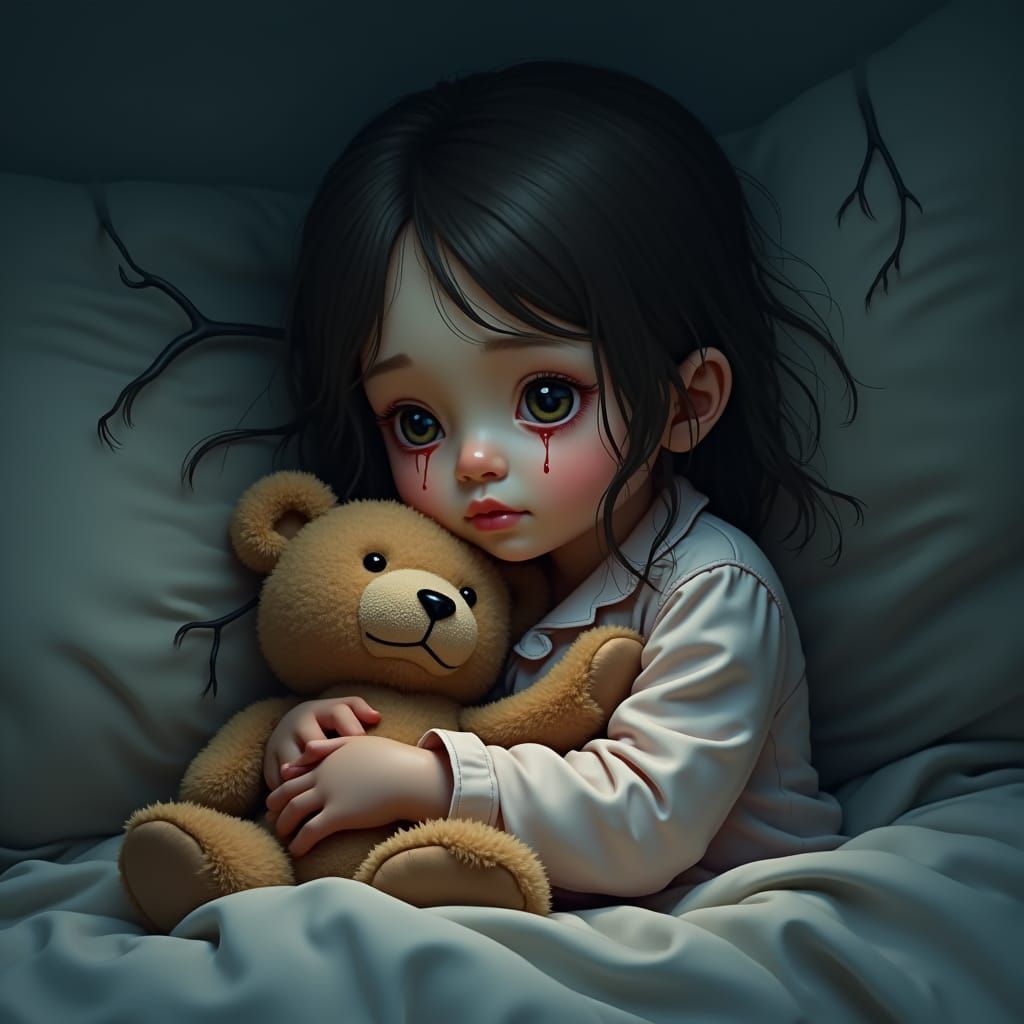 Sorrowful Girl with Teddy Bear in Matte Painting Style