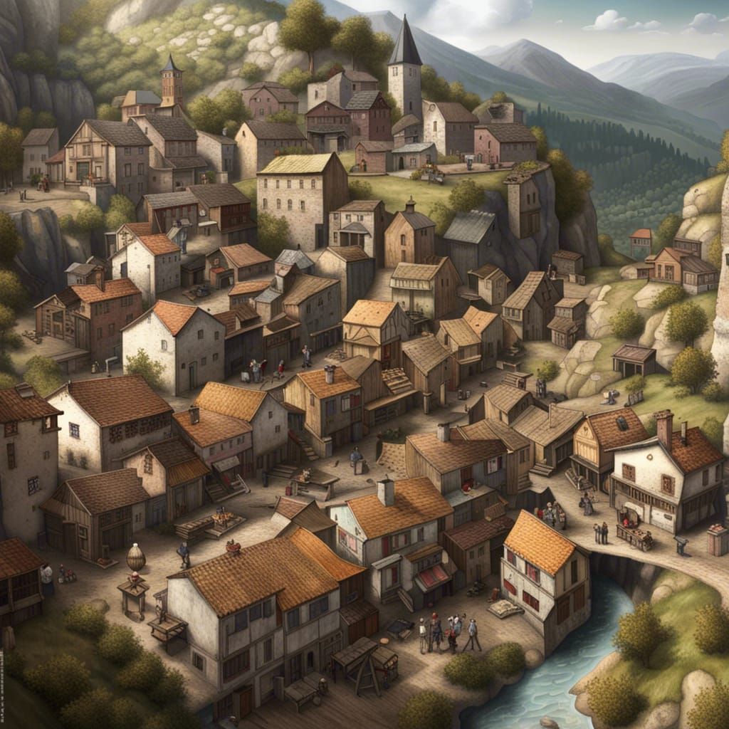 Medieval French Mining Town, Hyper-Realistic Wide Shot