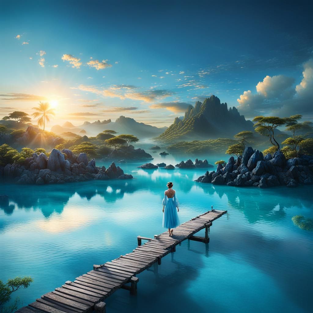 Elegant Lady Emerges from Blue Lagoon at Sunrise