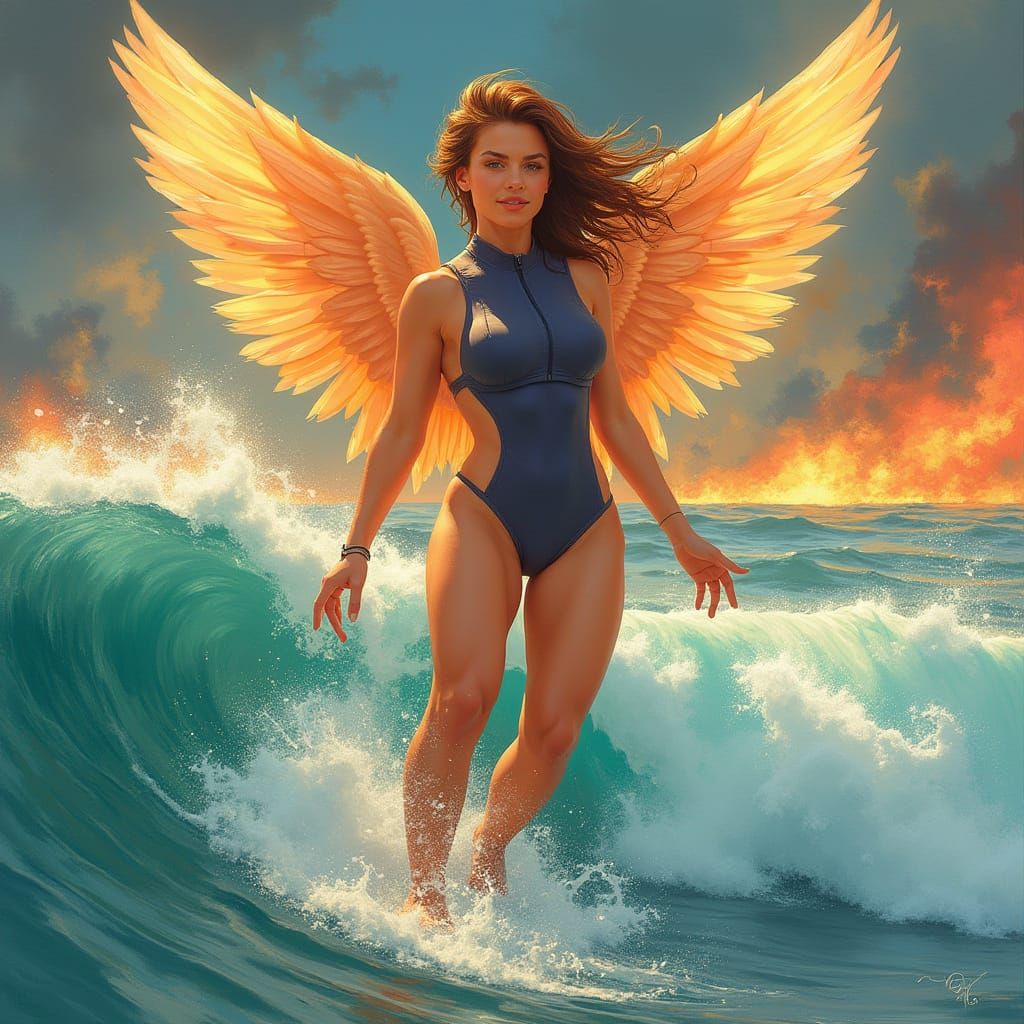 Surfing Angel with Fiery Backdrop: Pinup Style Art