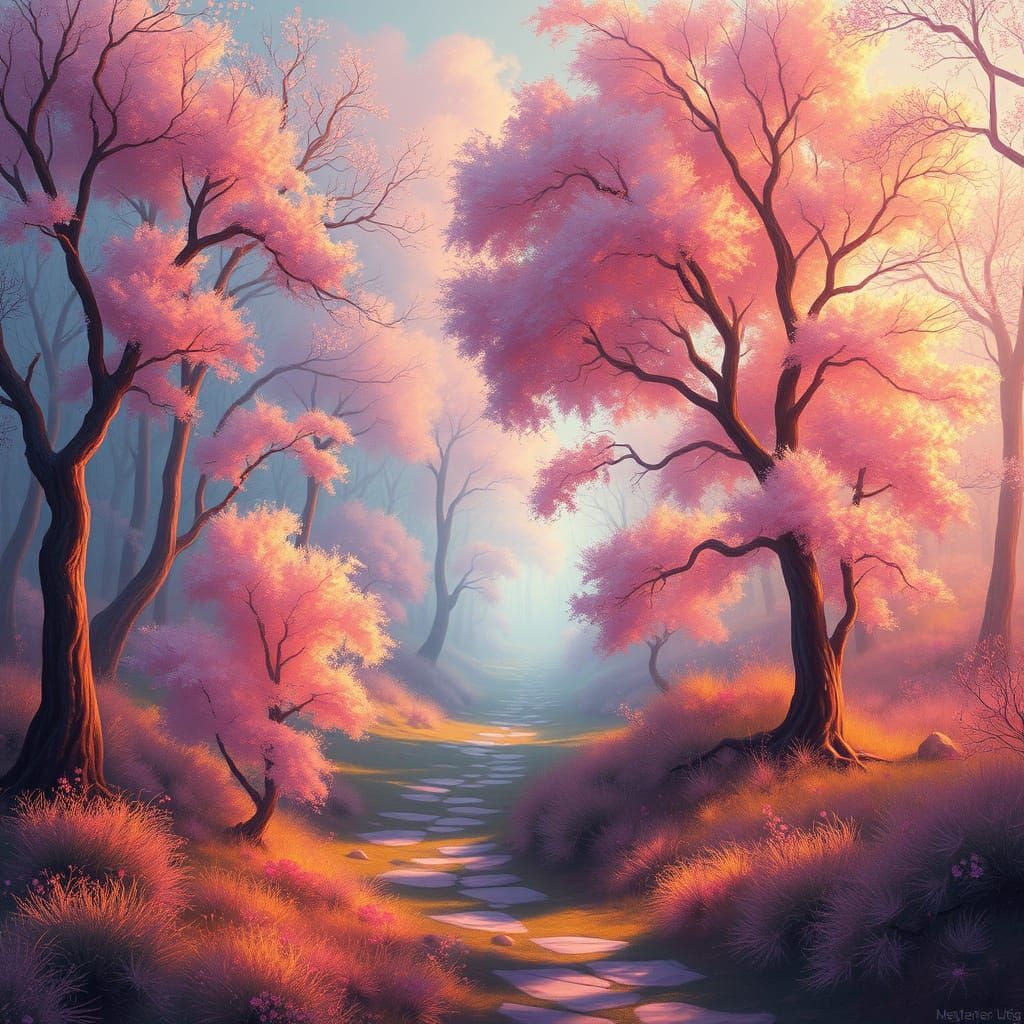 Dreamy Forest Landscape in Whimsical, Impressionist Style