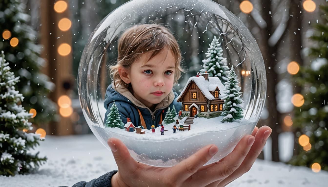 Child Gazing in Wonder at Crystal Snow Globe