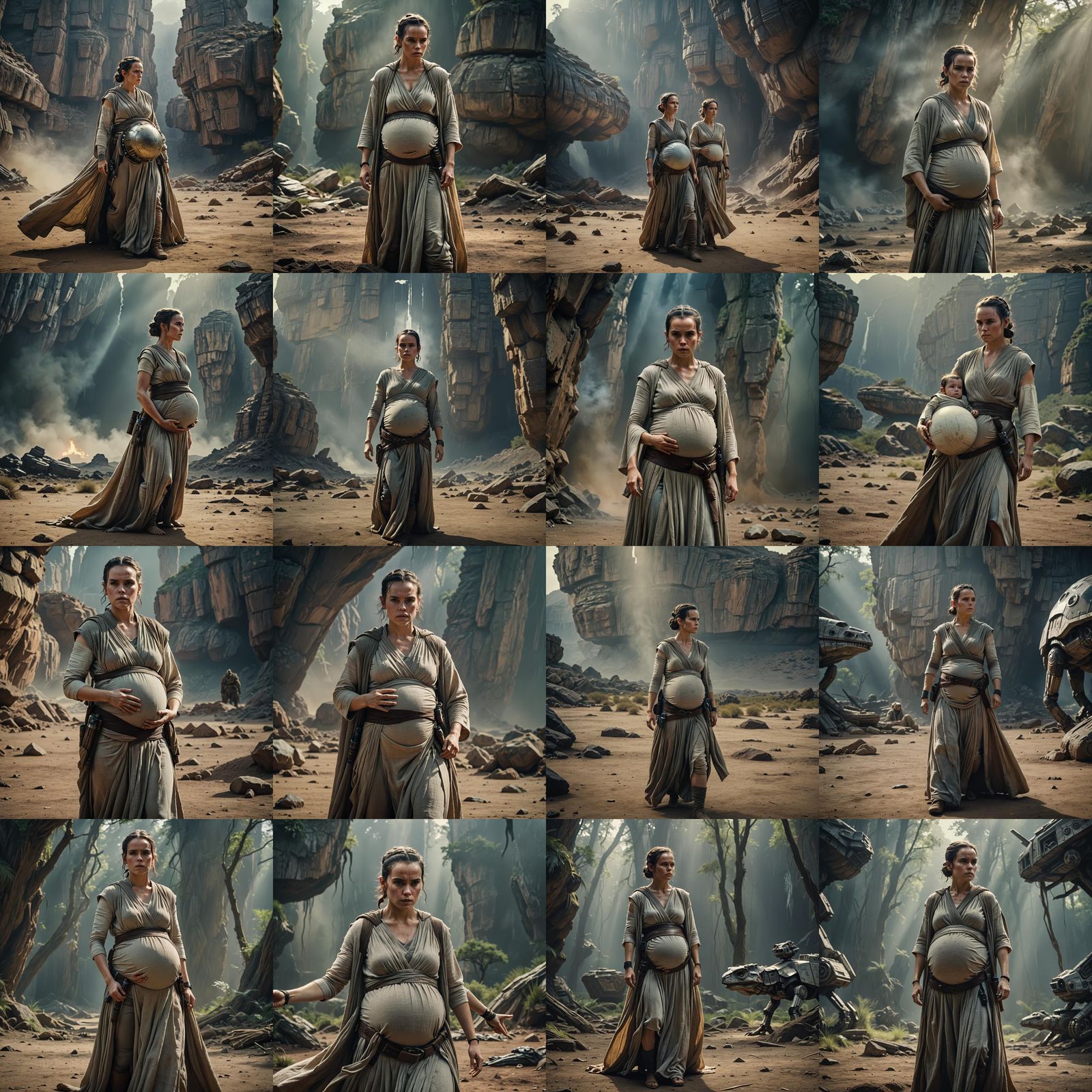 Rey Skywalker with Pregnant Belly: Cinematic Film Still