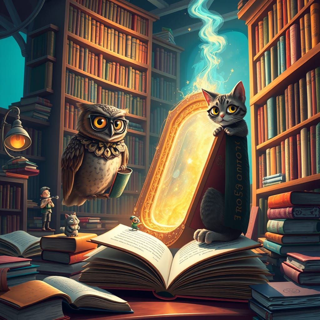Whimsical Library Scene in Vibrant Digital Art