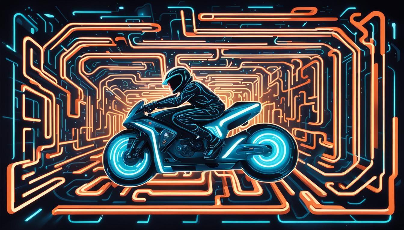 Tron-Inspired Maze Rider on Futuristic Superbike