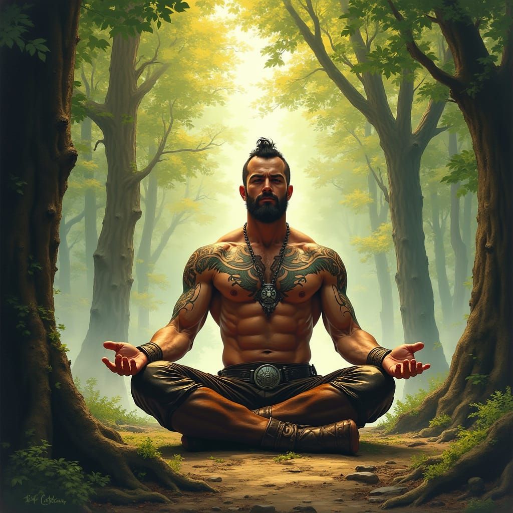 Warrior Meditating in Forest Clearing with Tribal Tattoos