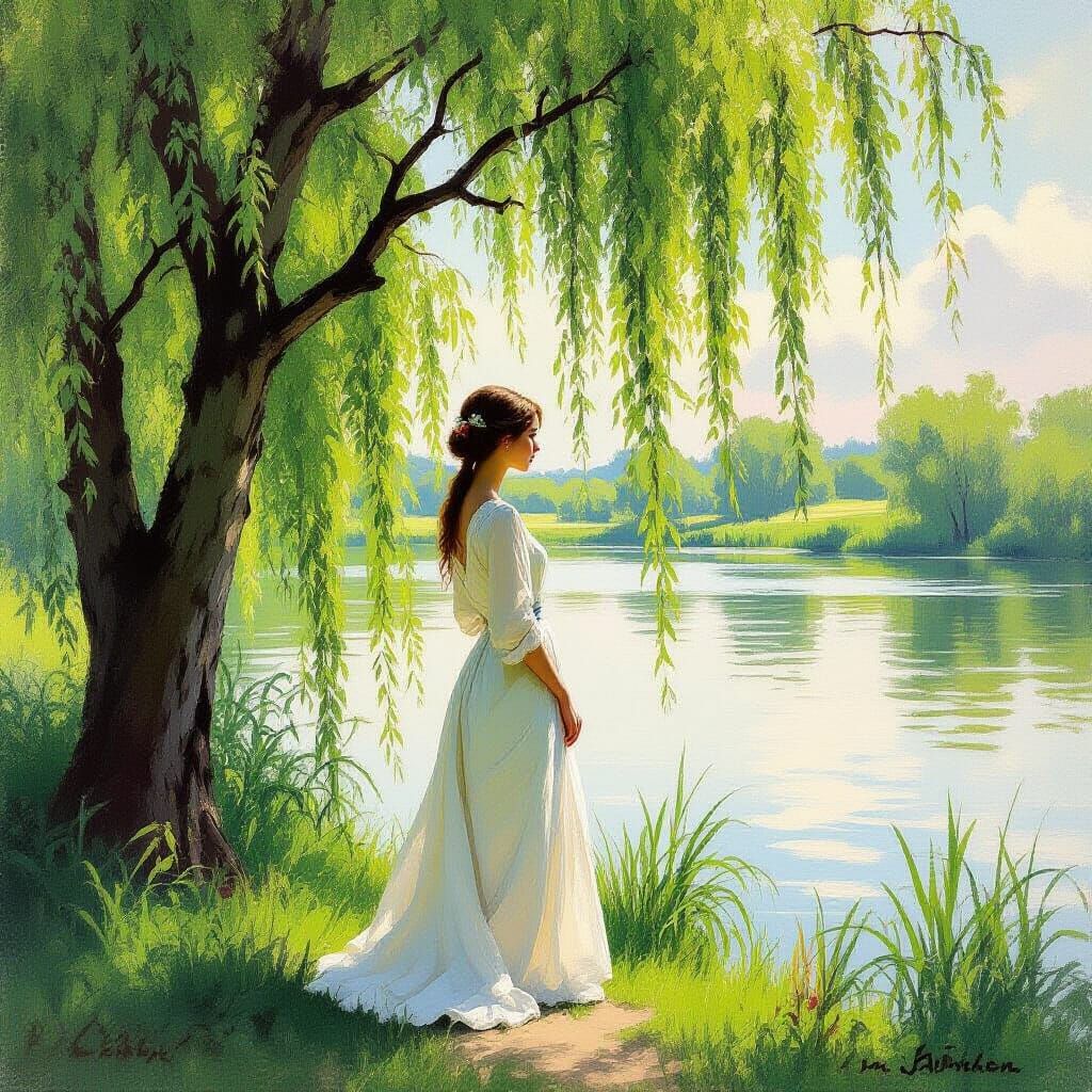 Woman by Willow Tree in Impressionist Style