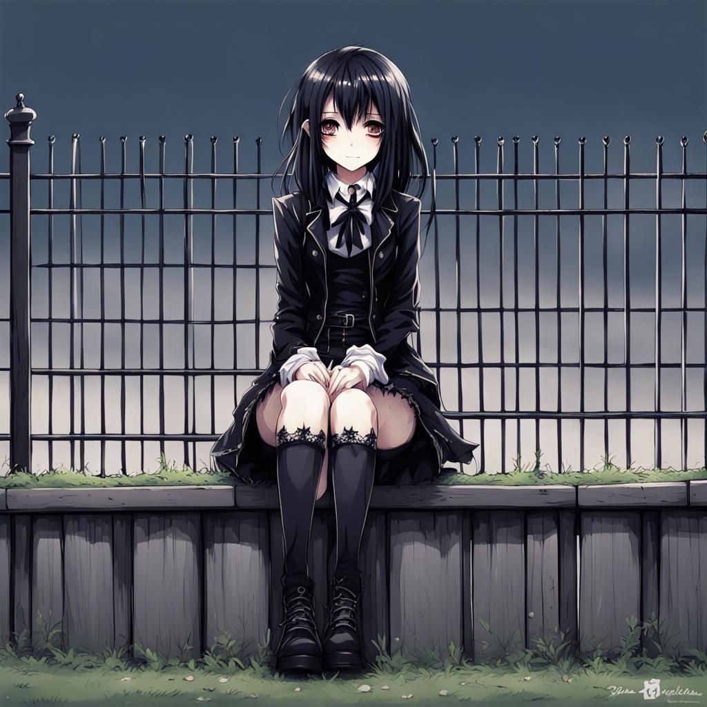 Goth Girl Sitting on Fence in Anime Style