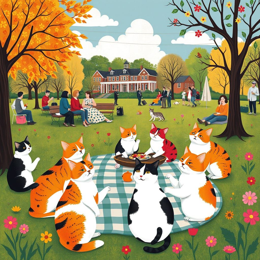 Cats' Picnic in Park: Naive Folk Art Scene